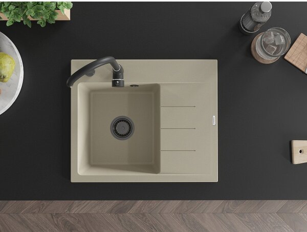 Mexen Ben, chiuvetă granit cu 1 cameră 600x500x190 mm, stânga + sifon negru, bej, 6522605000-69-B