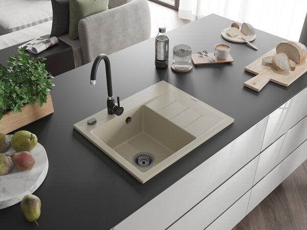 Mexen Ben, chiuvetă granit cu 1 cameră 600x500x190 mm, stânga + sifon negru, bej, 6522605000-69-B