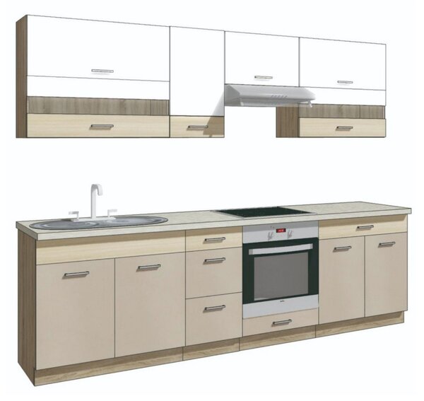 Set bucatarie PREMIO A PLUS, carcasa stejar sonoma/fronturi cappuccino si alb lucios, PAL, 270 cm, cu blatul trawertyn si plinta inclusa