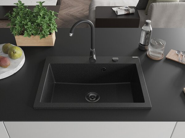 Mexen Elix, chiuvetă granit cu 1 vas 700 x 500 mm, negru/argintiu metalic, sifon negru, 6526701005-73-B