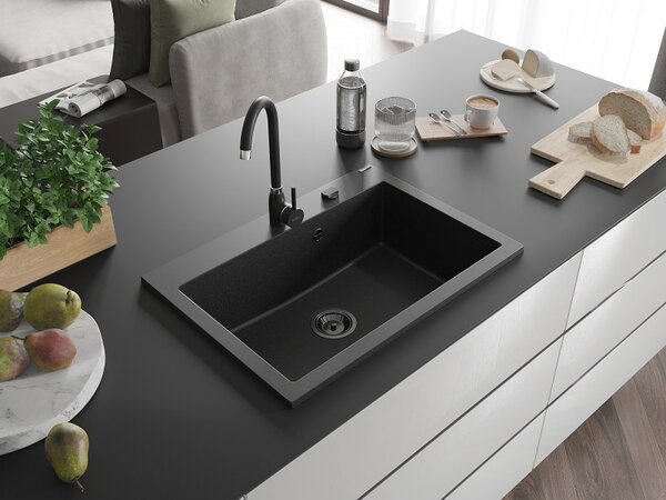 Mexen Elix, chiuvetă granit cu 1 vas 700 x 500 mm, negru/argintiu metalic, sifon negru, 6526701005-73-B