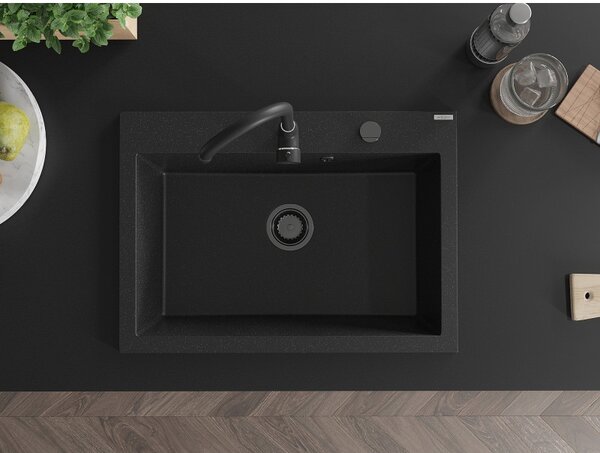 Mexen Elix, chiuvetă granit cu 1 vas 700 x 500 mm, negru/argintiu metalic, sifon negru, 6526701005-73-B