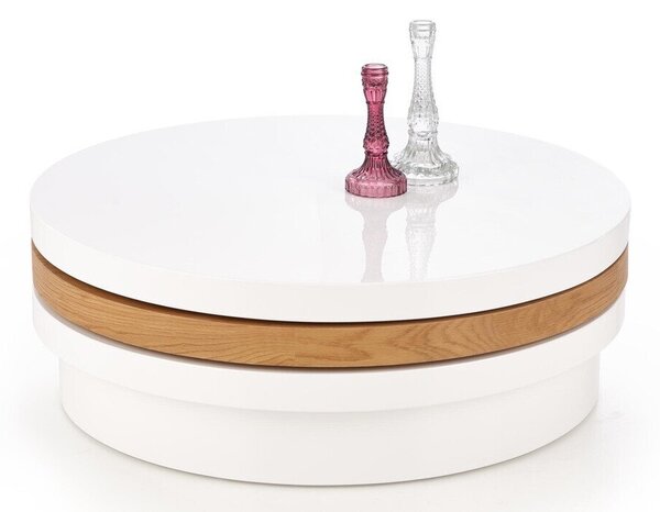 Măsuță de cafea extensibila Houston 173Stejar auriu, Alb lucios, 3cm, MDF, Rotund