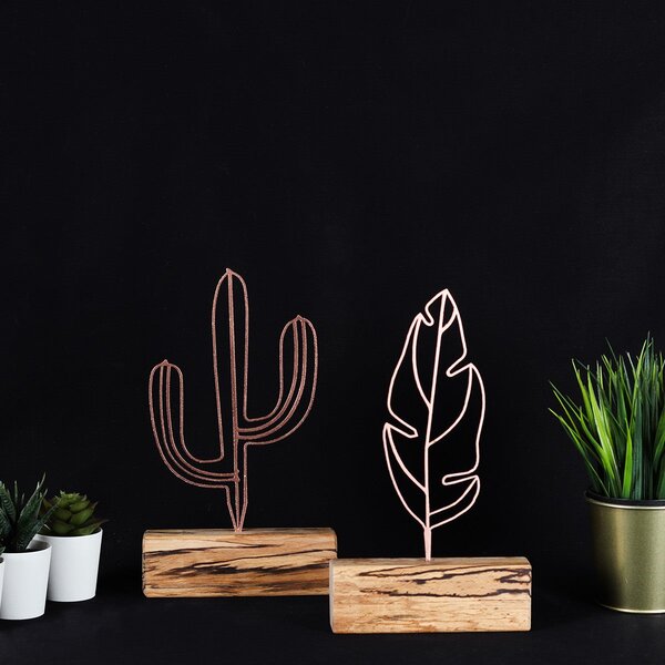 Set 2 obiecte decorative Cactus Feather Mini Set, bronz/stejar, metal