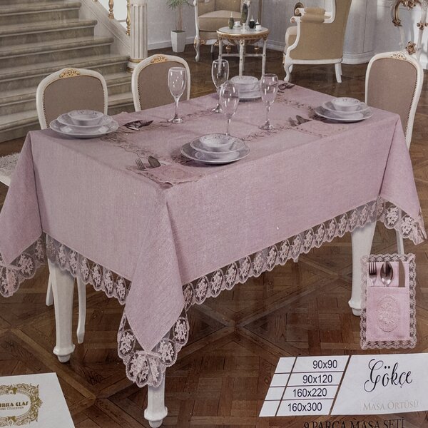 Fata de masa din in cu broderie + 8 servetele, 160 x 220 cm, culoare Roz