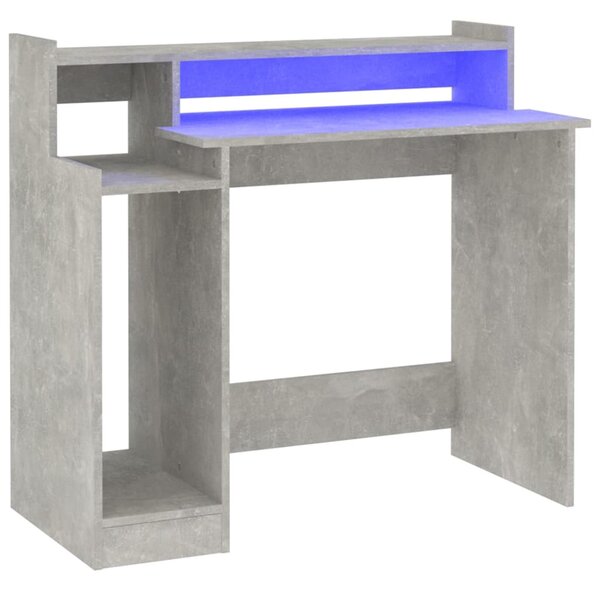 Birou cu lumini LED, gri beton, 97x90x45 cm, lemn compozit