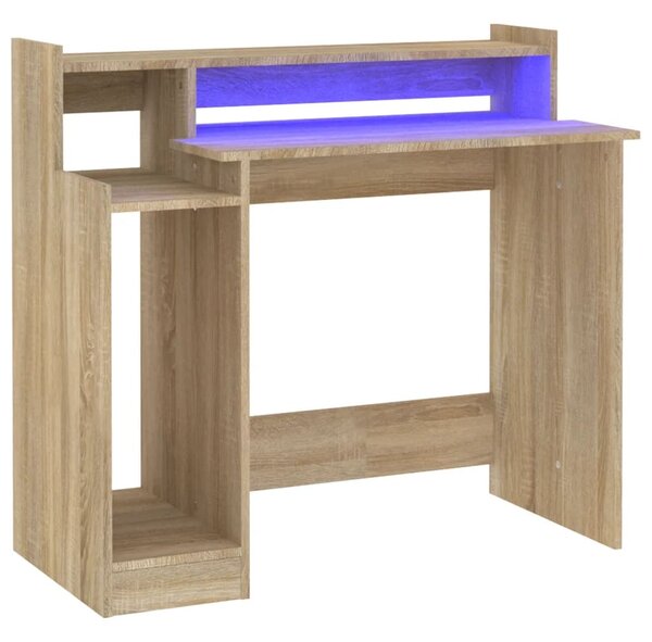 Birou cu lumini LED, stejar sonoma, 97x90x45 cm, lemn compozit