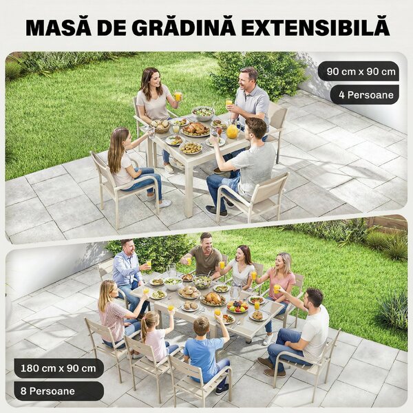 Outsunny Masă Extensibilă din Aluminiu pentru Exterior, Blat din Sticlă Temperată, Crem. | Aosom Romania