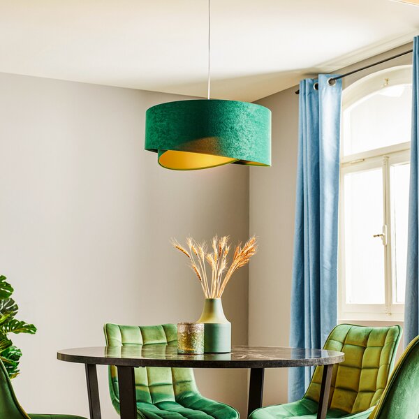 Maco Design Lampă suspendată Vivien, două culori, verde/auriu, reglabil, Verde, Camera de zi / sufragerie, Țesătură / Textil, Modern