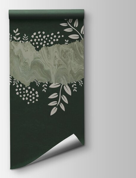 Fototapet Fundal verde și alb, cu frunze și flori albe, Fototapet abstracte, Fototapet populare, t00758v3 - Tapeko.ro