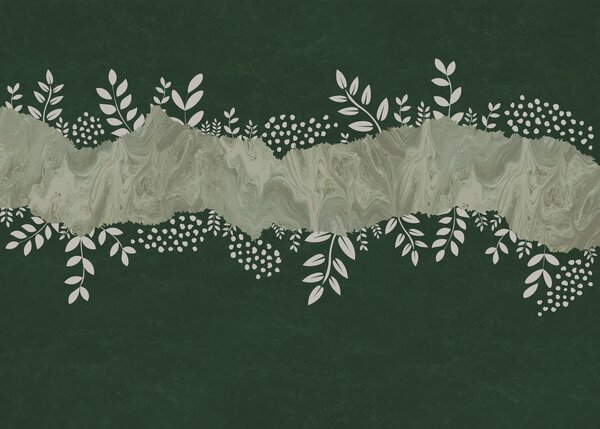 Fototapet Fundal verde și alb, cu frunze și flori albe, Fototapet abstracte, Fototapet populare, t00758v3 - Tapeko.ro