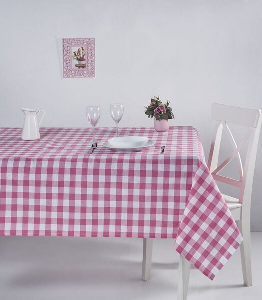 Fata de masa Kareli 160, 100% bumbac, roz/alb, model carouri, 160x160