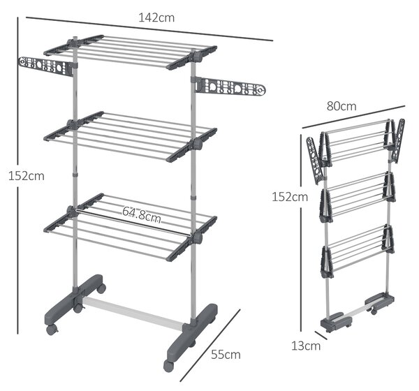 HOMCOM Uscător de Rufe Pliabil Tip Turn cu 6 Roți, Cârlige și 3 Rafturi Reglabile pentru Interior, 142x55x152 cm, Argintiu | Aosom Romania