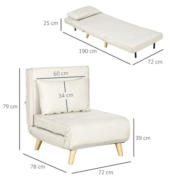 HOMCOM Fotoliu Pat Individual 2 în 1 cu Spătar Reglabil pe 6 Nivele și Pernă, Canapea Pat Individuală, 72x78x79 cm, Bej | Aosom Romania