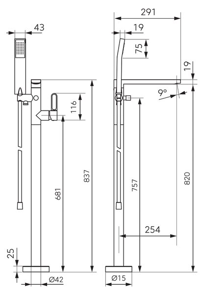FDesign Zaffiro baterie cadă-duș stativ negru-auriu FD1-ZFR-11F-25