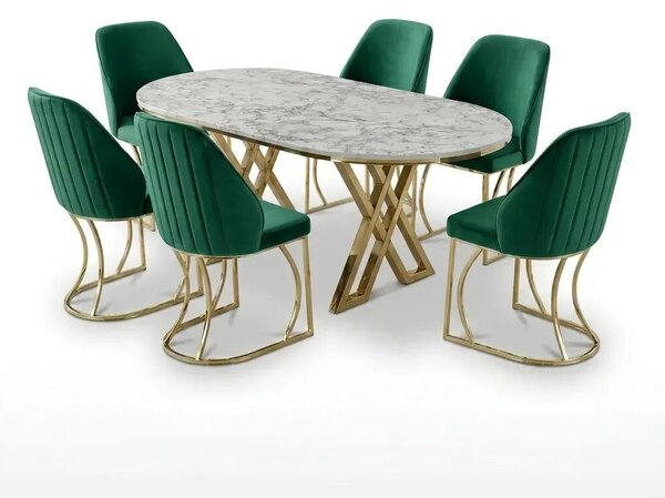 Set Masă și 6 Scaune Milano, Stil Elegant, Detalii Aurii, 90x180 cm, Blat Marmorat Alb,Gray