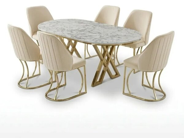 Set Masă și 6 Scaune Milano, Stil Elegant, Detalii Aurii, 90x180 cm, Blat Marmorat Alb,Gray
