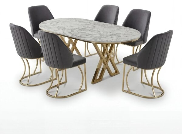 Set Masă și 6 Scaune Milano, Stil Elegant, Detalii Aurii, 90x180 cm, Blat Marmorat Alb,Gray