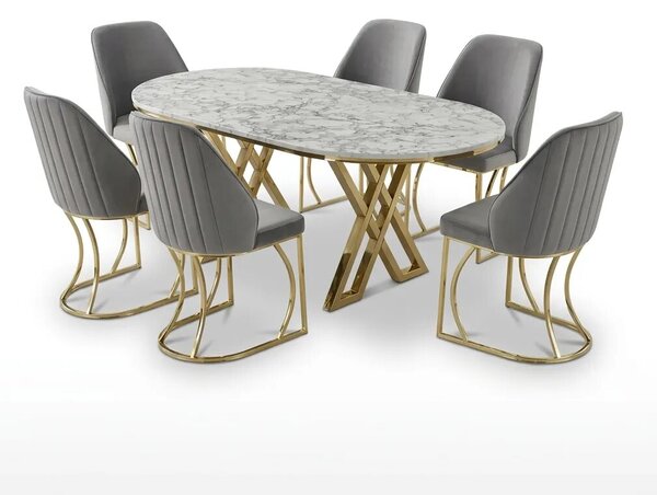 Set Masă și 6 Scaune Milano, Stil Elegant, Detalii Aurii, 90x180 cm, Blat Marmorat Alb,Gray