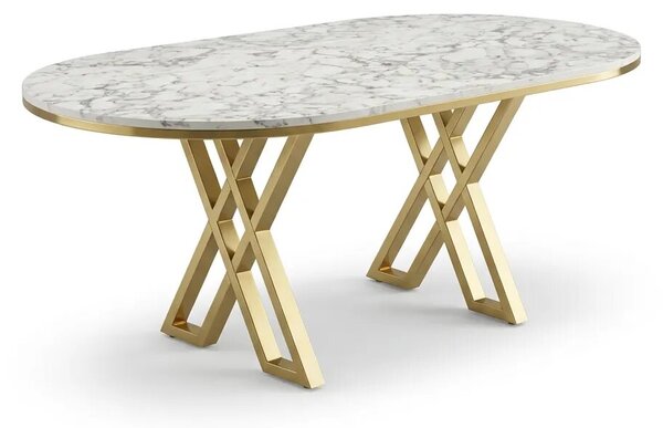 Set Masă și 6 Scaune Milano, Stil Elegant, Detalii Aurii, 90x180 cm, Blat Marmorat Alb,Gray