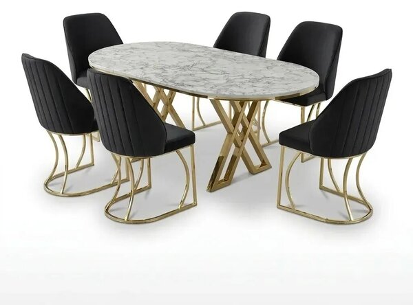 Set Masă și 6 Scaune Milano, Stil Elegant, Detalii Aurii, 90x180 cm, Blat Marmorat Alb,Gray