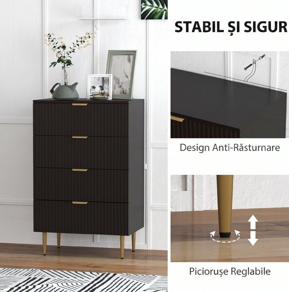 HOMCOM Comodă Modernă cu 4 Sertare și Mânere Aurii, Negru | Aosom Romania