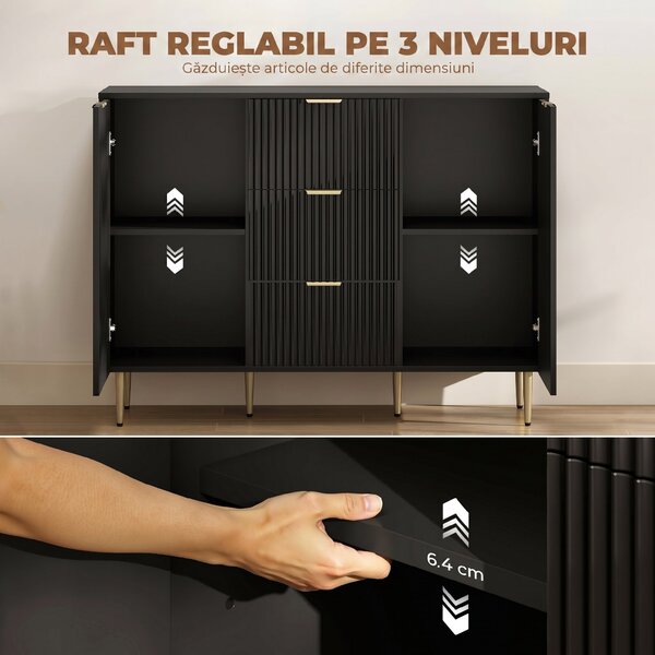 HOMCOM Servantă Modernă cu 3 Sertare și 2 Dulapuri, Negru | Aosom Romania