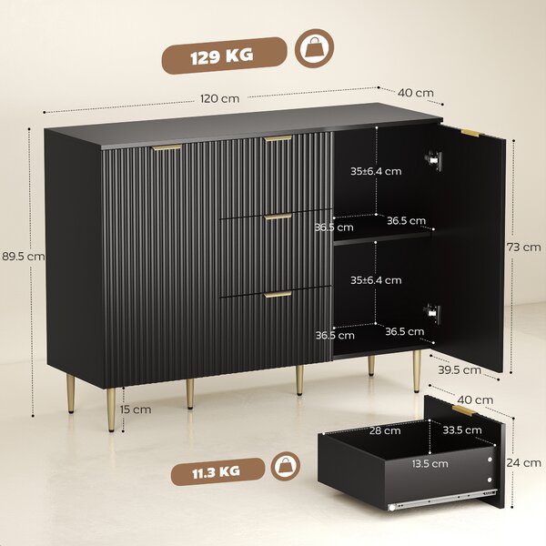 HOMCOM Servantă Modernă cu 3 Sertare și 2 Dulapuri, Negru | Aosom Romania