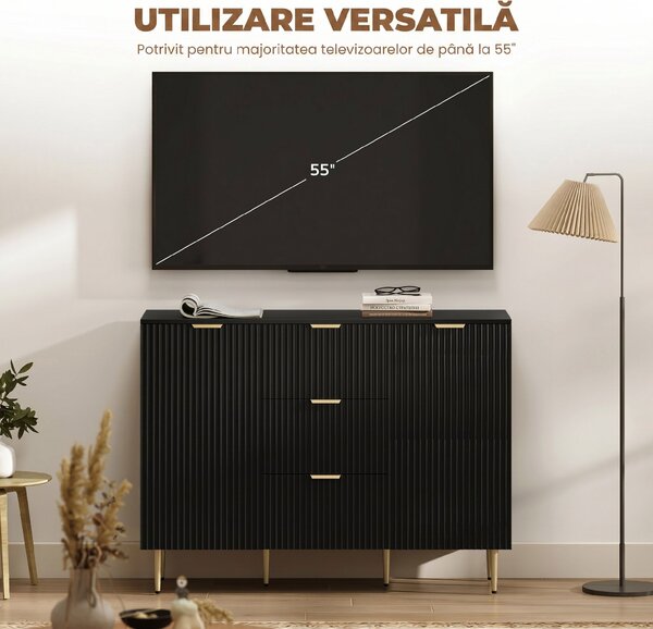 HOMCOM Servantă Modernă cu 3 Sertare și 2 Dulapuri, Negru | Aosom Romania