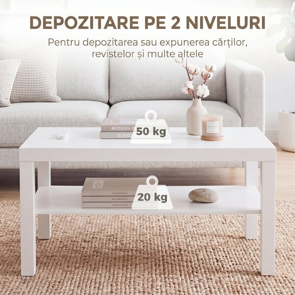 HOMCOM Măsuță de living dreptunghiulară cu poliță mare, 90 x 45 x 44,5 cm, alb | Aosom Romania