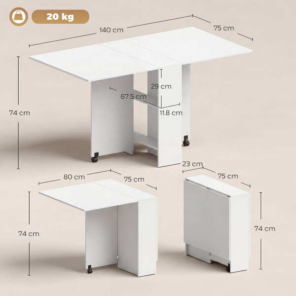 HOMCOM Masă Pliabilă pentru 4-6 Persoane cu 2 Roți și 2 rafturi depozitare, 140x75x74cm, Alb | Aosom Romania
