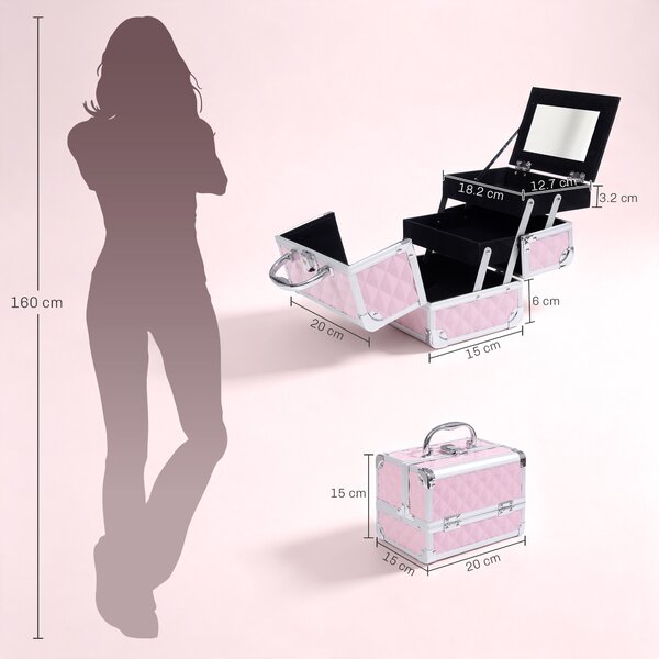 HOMCOM Trusa Machiaj Profesionala, Beauty Case pentru Make Up cu Profile din Aluminiu, Maner si Tava in Consola, 20x15x15cm, Roz | Aosom Romania