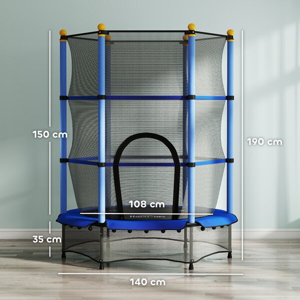 HOMCOM Trambolină Elastică pentru Copii cu Plasă de Siguranță și Țevi Căptușite, Vârstă 3-10 Ani, Ø140x190 cm, Albastru | Aosom Romania