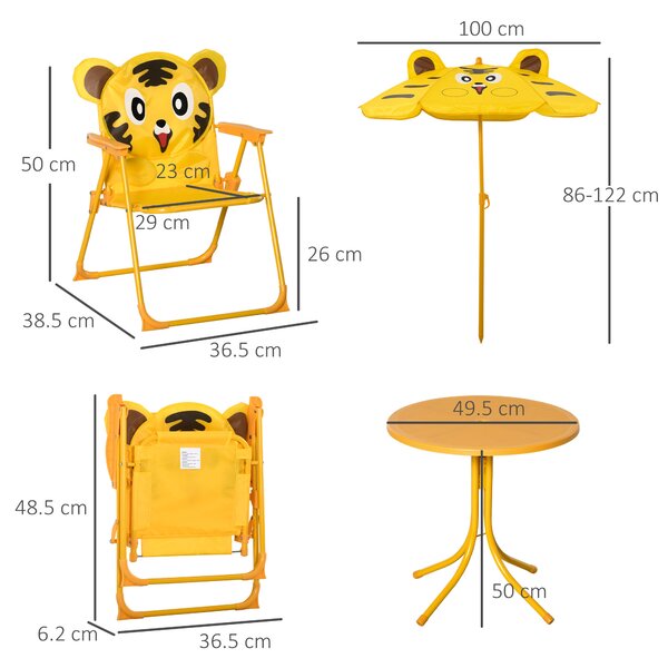 Outsunny Set de Grădină 4 Piese pentru Copii cu Model Tigru și Măsuță Rotundă, 2 Scaune Pliabile și o Umbrelă Reglabilă, Măsuță cu Scaune pentru Copii 3-6 Ani de Exterior, Galben | Aosom Romania