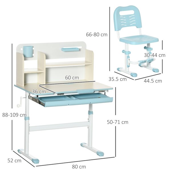 HOMCOM Set Birou și Scaun pentru Copii Reglabile, Inclinabilă la 60° cu Sertar, Rafturi și Suport, 3+ Ani, Albastru | Aosom Romania
