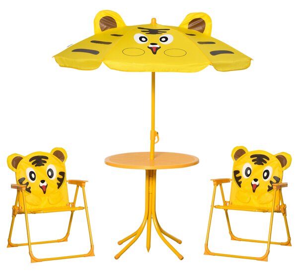 Outsunny Set de Grădină 4 Piese pentru Copii cu Model Tigru și Măsuță Rotundă, 2 Scaune Pliabile și o Umbrelă Reglabilă, Măsuță cu Scaune pentru Copii 3-6 Ani de Exterior, Galben | Aosom Romania