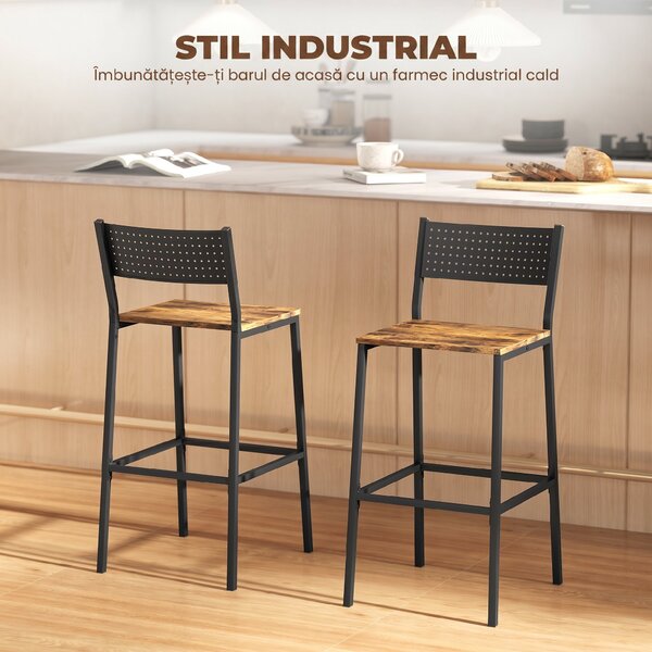 HOMCOM Set 2 Scaune Bar Stil Industrial cu Spătar și Suport pentru Picioare Maro | Aosom Romania