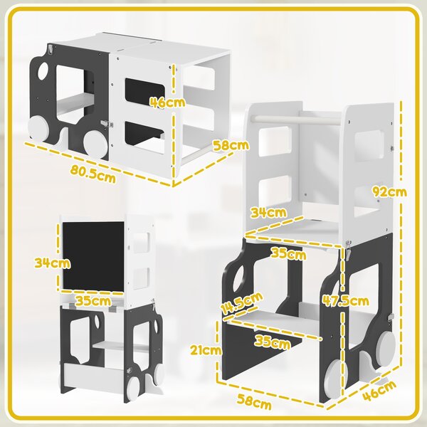 AIYAPLAY Scara Montessori 4 în 1 pentru Copii cu 2 Table și Set Masă și Scaun, din Lemn, 58x46x92 cm, Alb | Aosom Romania