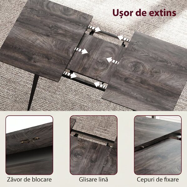 HOMCOM Masă Extensibilă pentru Sufragerie, 6-8 Persoane, 120-160x75 cm, Blat Efect Lemn, Picioare din Oțel | Aosom Romania