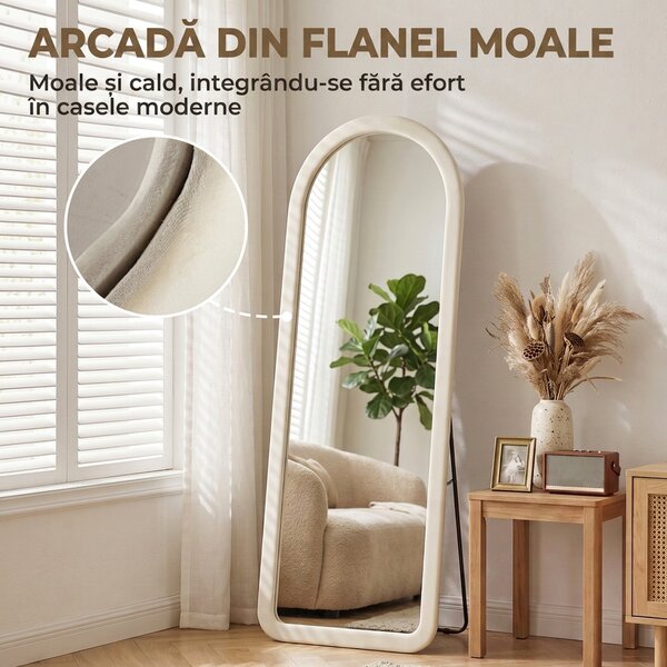 HOMCOM Oglindă de Podea 160x60 cm, cu Arcadă, Ramă din Flanelă, Alb Crem | Aosom Romania