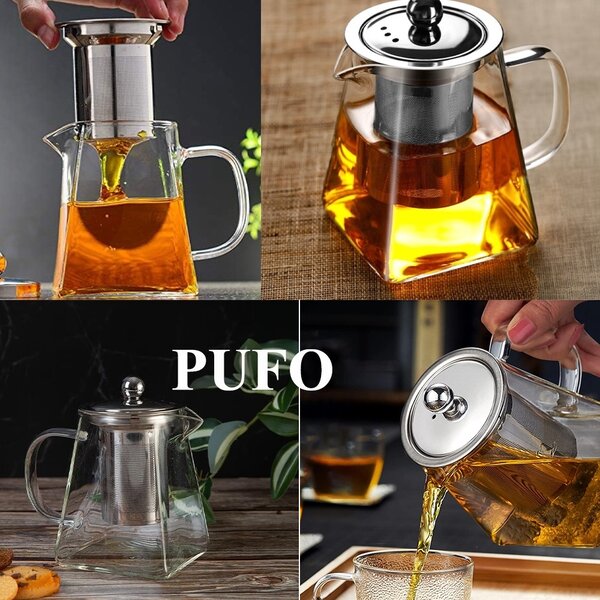 Infuzor ceai Pufo Exclusive din sticla cu filtru si capac metalic, 700 ml, transparent