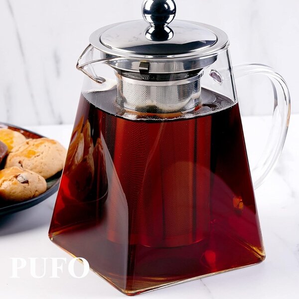 Infuzor ceai Pufo Exclusive din sticla cu filtru si capac metalic, 700 ml, transparent