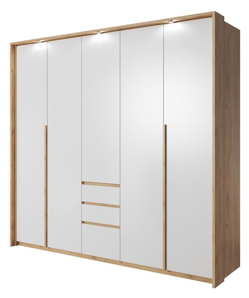 Dulap cu uși și sertare Xelo, alb/stejar craft auriu (230 cm)