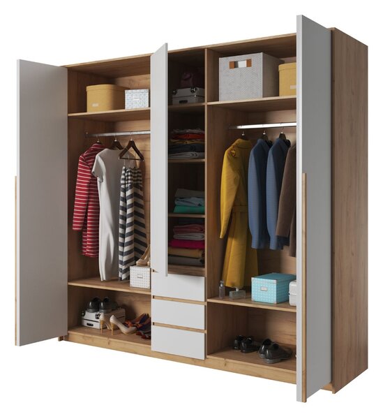Dulap cu uși și sertare Xelo, alb/stejar craft auriu (230 cm)