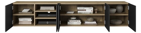 Comodă TV suspendatăă cu front striat Asha 200 cm - artisan / negru mat