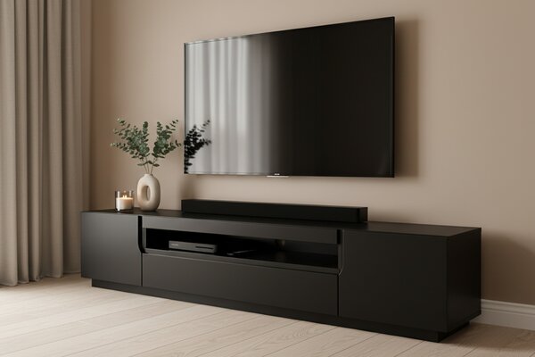 Comodă TV Loftia 200 cm, cu două uși și nișă – negru / negru mat