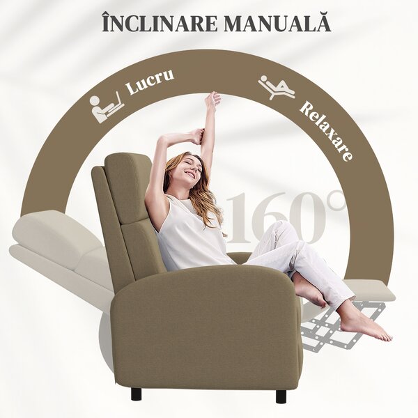 Fotoliu Relax HOMCOM Înclinabil Manual la 160° cu Suport pentru Picioare, Fotoliu Ergonomic Tapițat în Material Efect de In pentru Dormitor, Birou, Living și Sufragerie, Bej | Aosom Romania