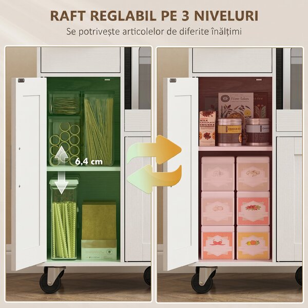 HOMCOM Dulap pentru cuptorul cu microunde din lemn, cu sertar, 2 dulapuri, raft deschis și blat ajustabil, 80x40x88.7 cm, alb | Aosom Romania