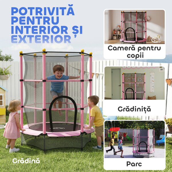 HOMCOM Trambolină Elastică pentru Copii 3-10 Ani cu Plasă de Siguranță și Țevi Capitonate, Ø140x190 cm, Roz | Aosom Romania