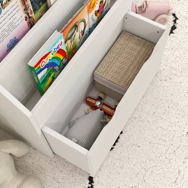 AIYAPLAY Bibliotecă Copii 3-8 Ani cu 3 Rafturi și Sertar, Raft de Depozitare Jucării, 62,5x30x70 cm, Alb | Aosom Romania